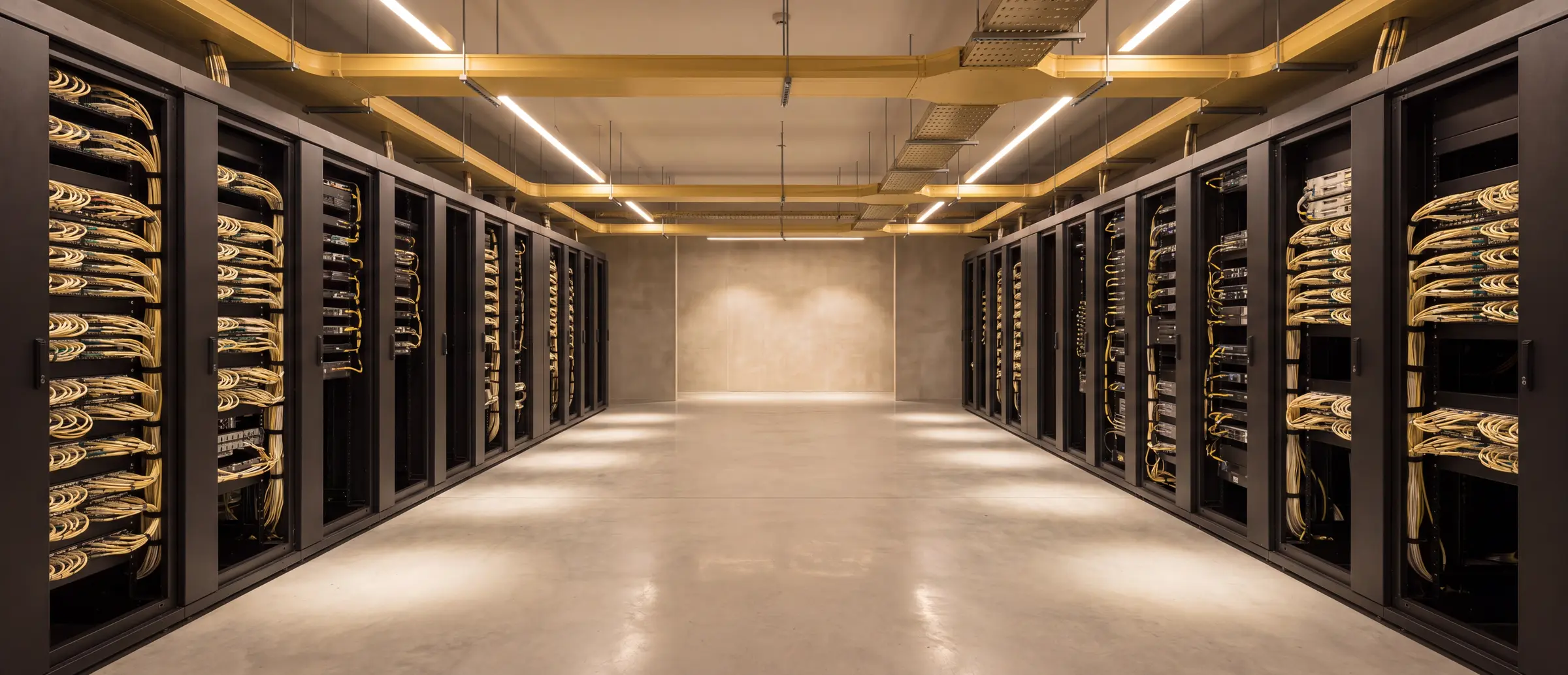 A modern carrier interconnection hall, rows of equipment racks with yellow fibre patching under overhead cable trays